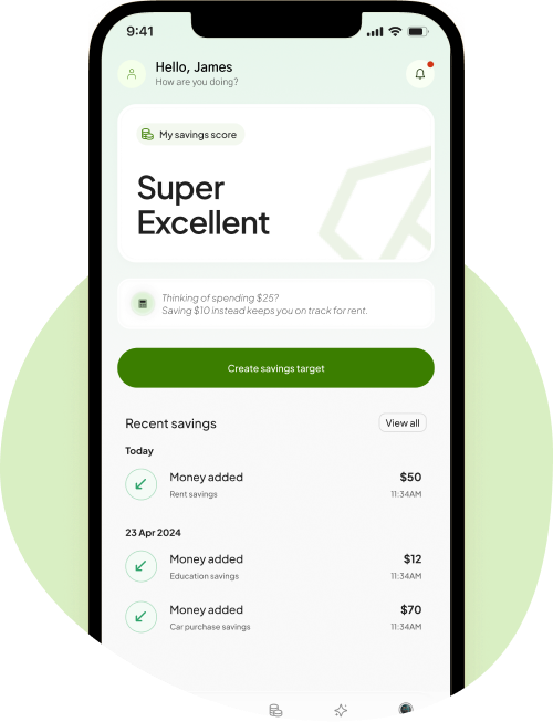 The Paver app home screen showing a savings score of Super Excellent and recent savings